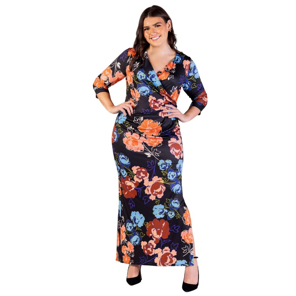Nwt 24seven Comfort Apparel Sleeves Side Slit Maxi Dress Black Multi Print 3x